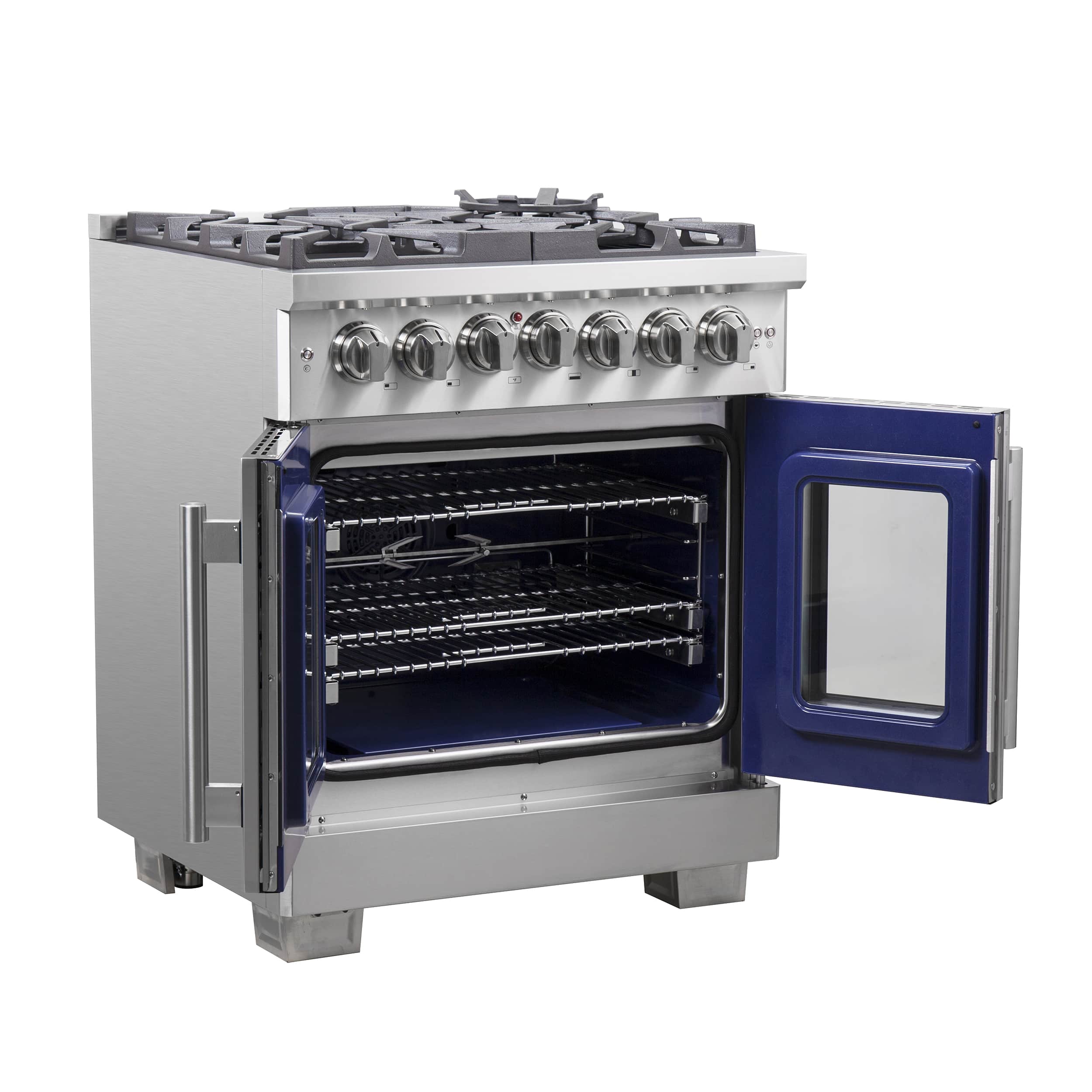 Stainless steel range with open French door oven and blue interior