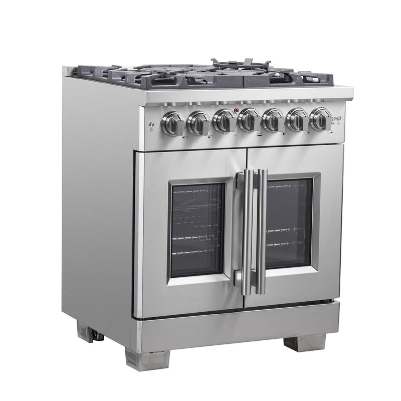 Forno 30-Inch Capriasca Dual Fuel Range with 5 Gas Burners, 100,000 BTUs, and French Door Electric Oven in Stainless Steel (FFSGS6387-30)