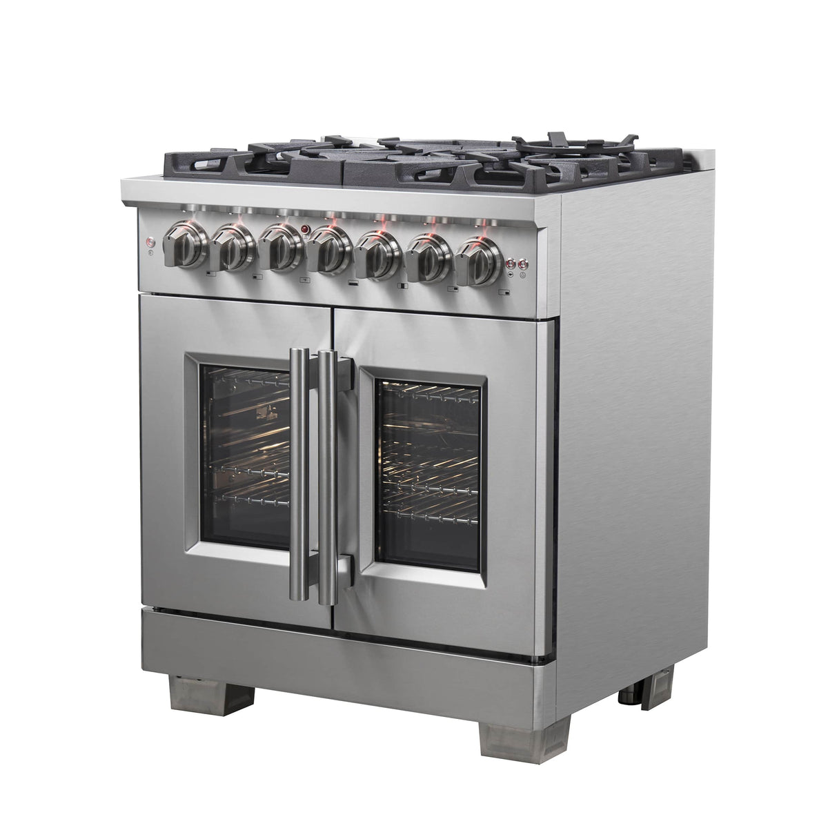 Stainless dual fuel range with dual French doors open, showing oven interior