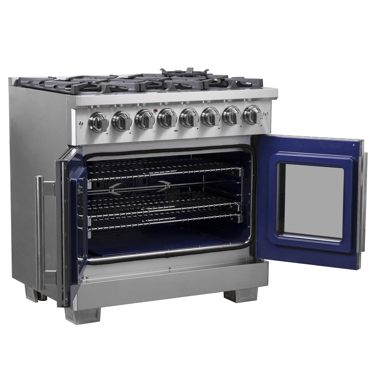 Dual fuel range with open oven door and visible wire bake rack inside