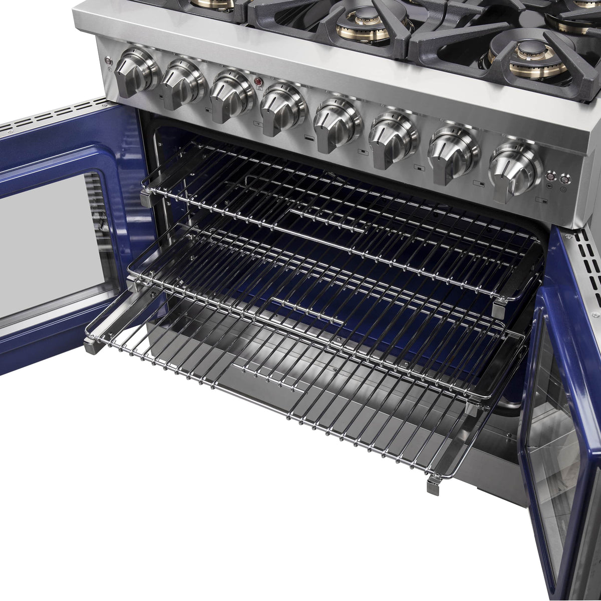 Open oven with dual racks and dark interior inside a stainless range