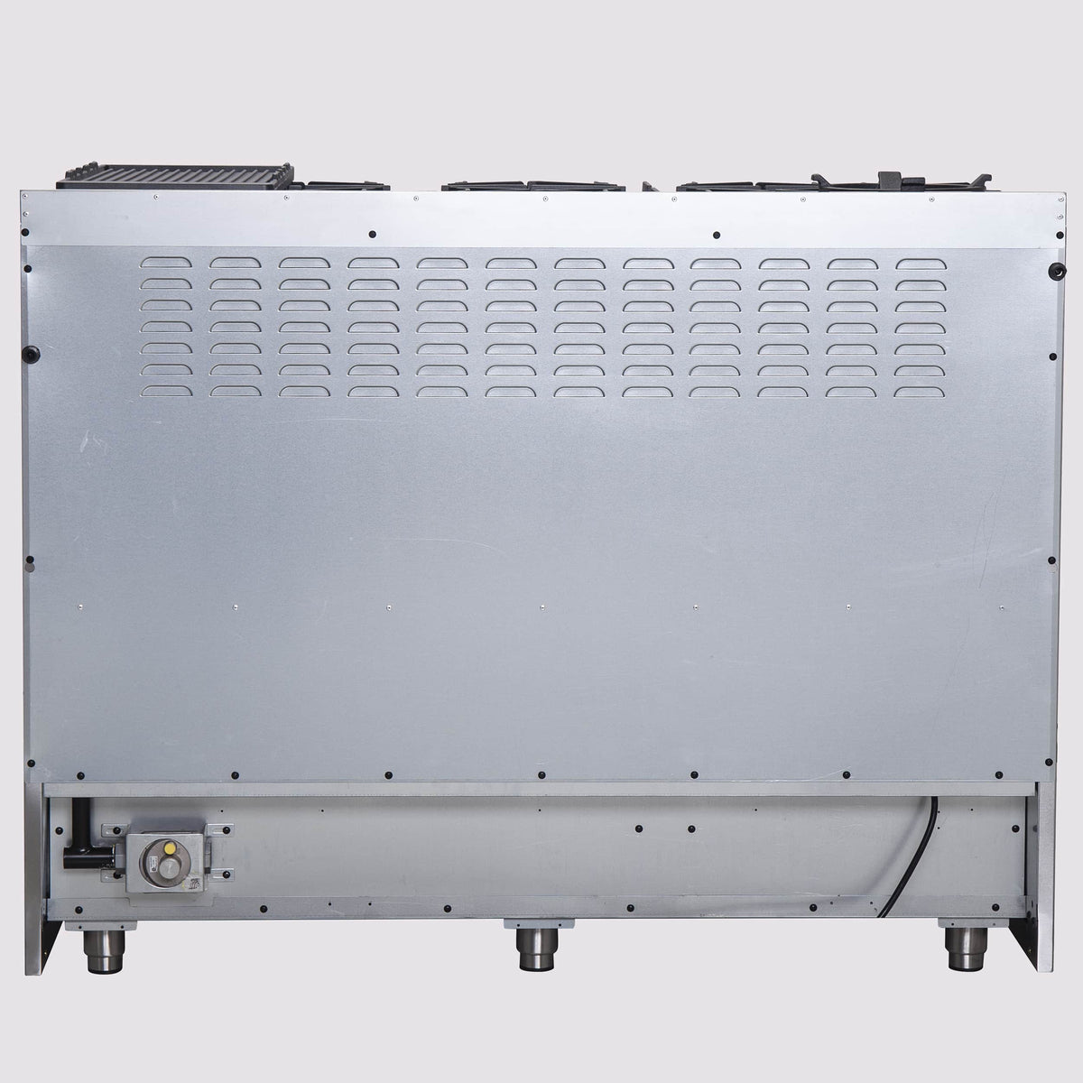 Stainless steel gas range underside panel with vent holes and gas connections