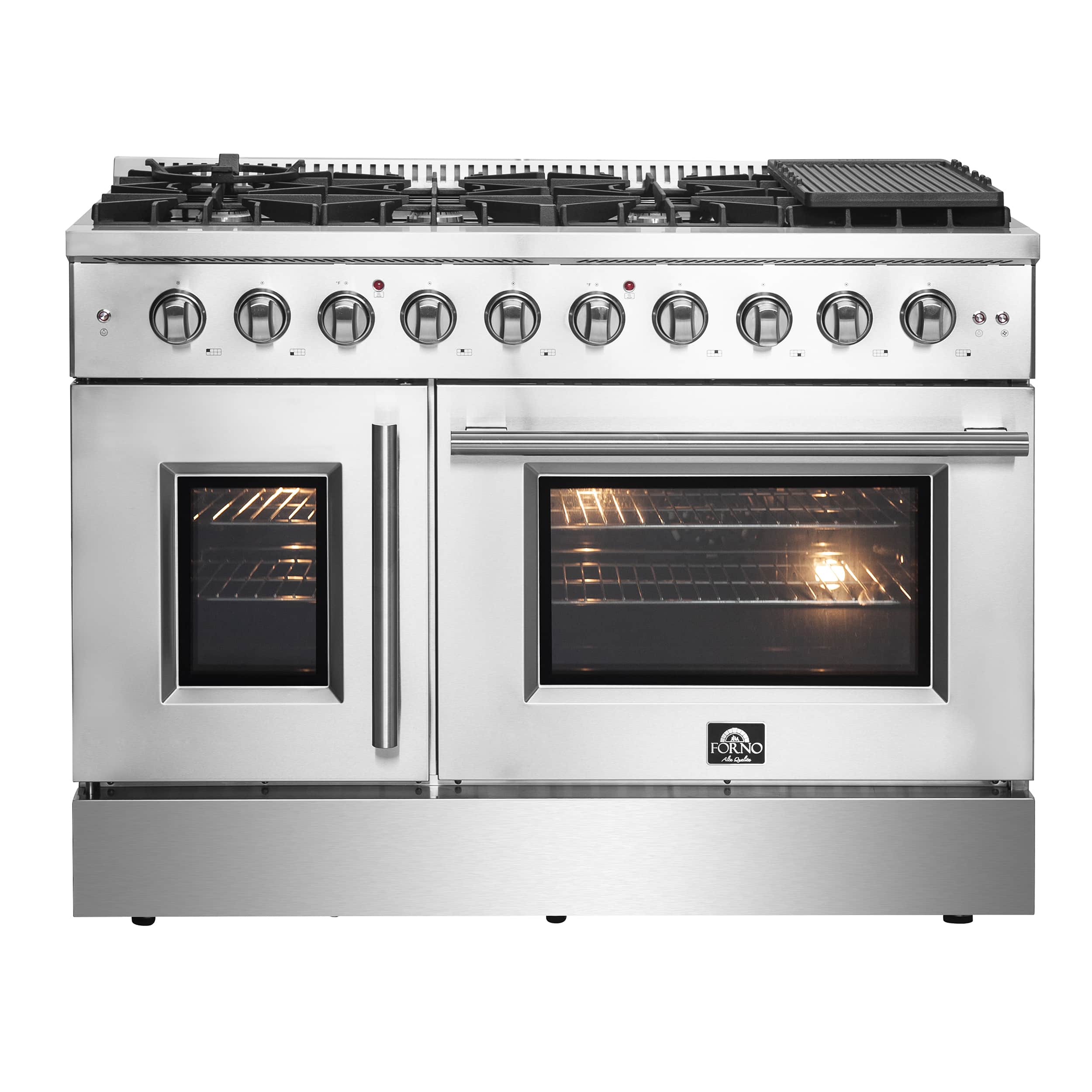 Stainless steel 48-inch gas range with eight burners and dual oven doors