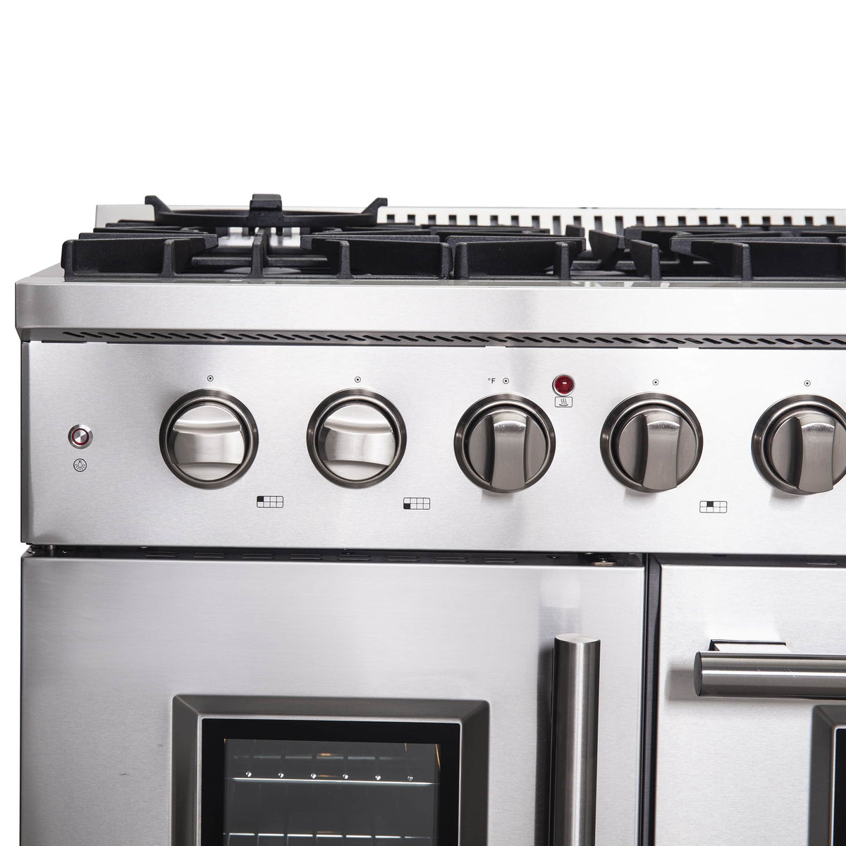 Stainless steel cooktop with control panel and large burner knobs