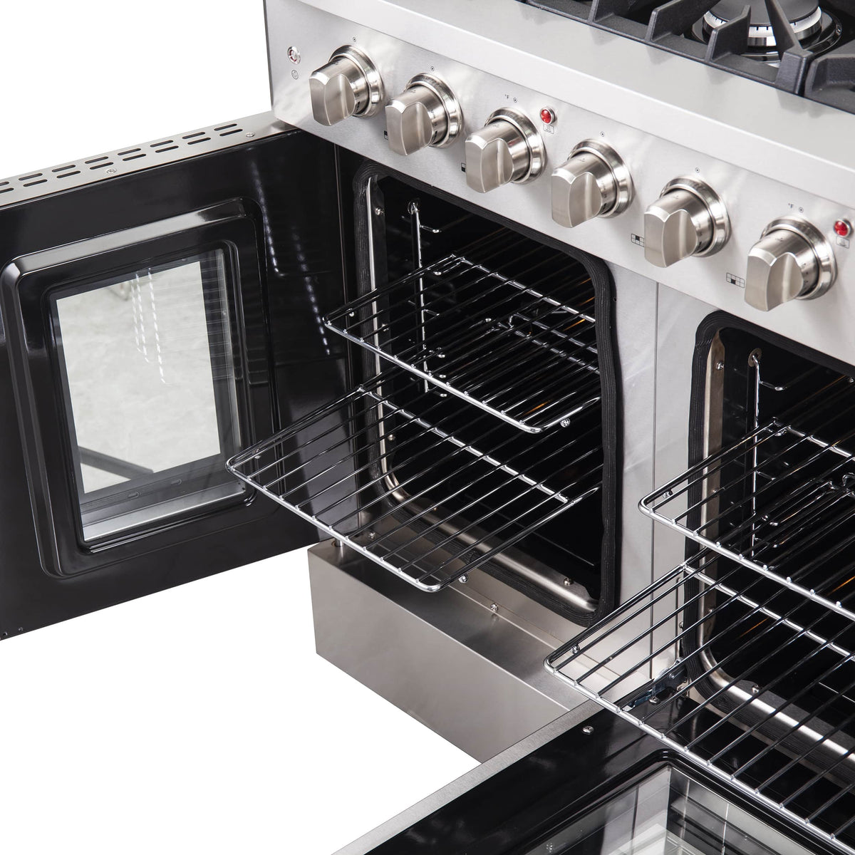 Stainless steel gas oven with wire racks and glass door window