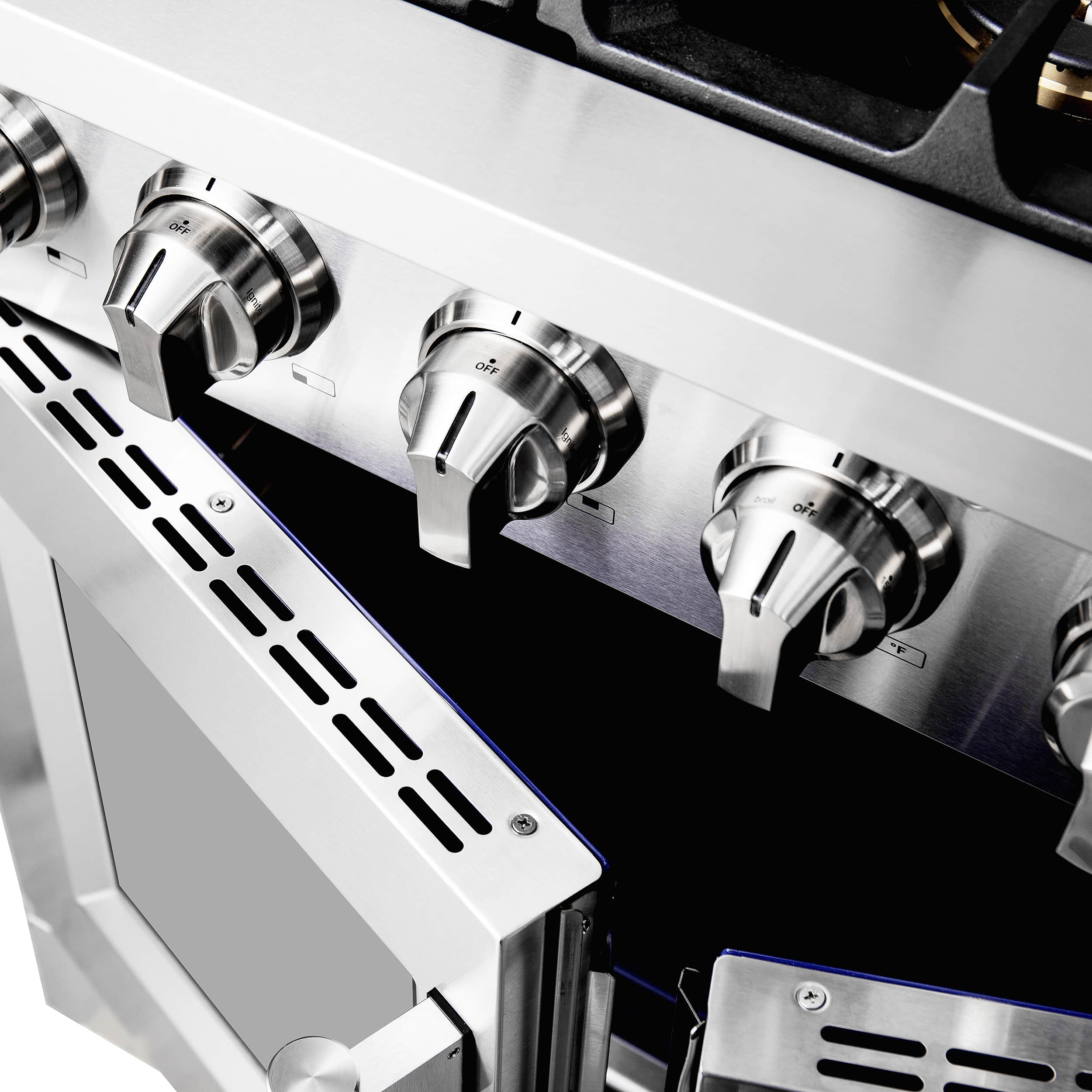 Stainless steel gas range control knobs and vented trim panel