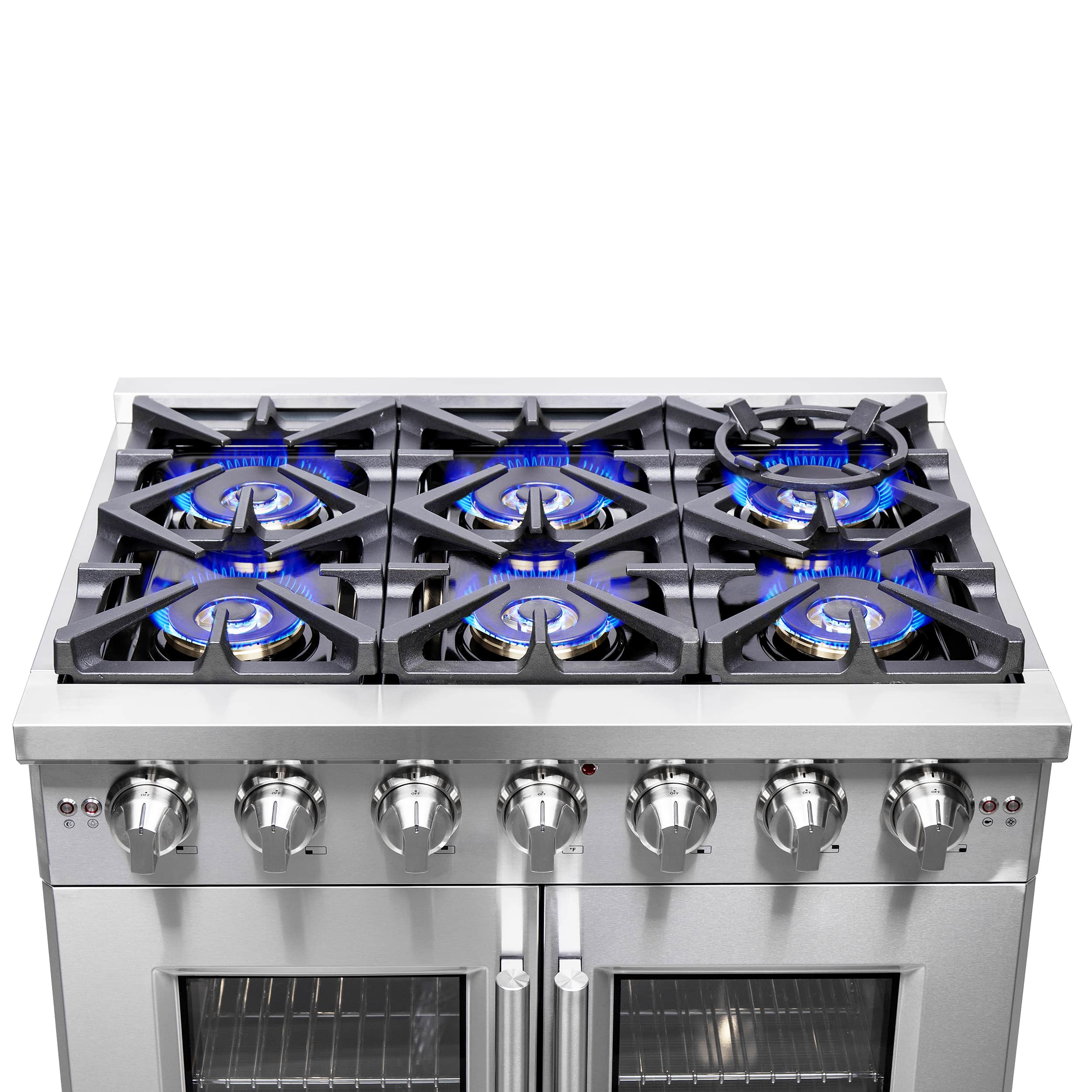 Stainless steel gas range cooktop with six blue-lit burners