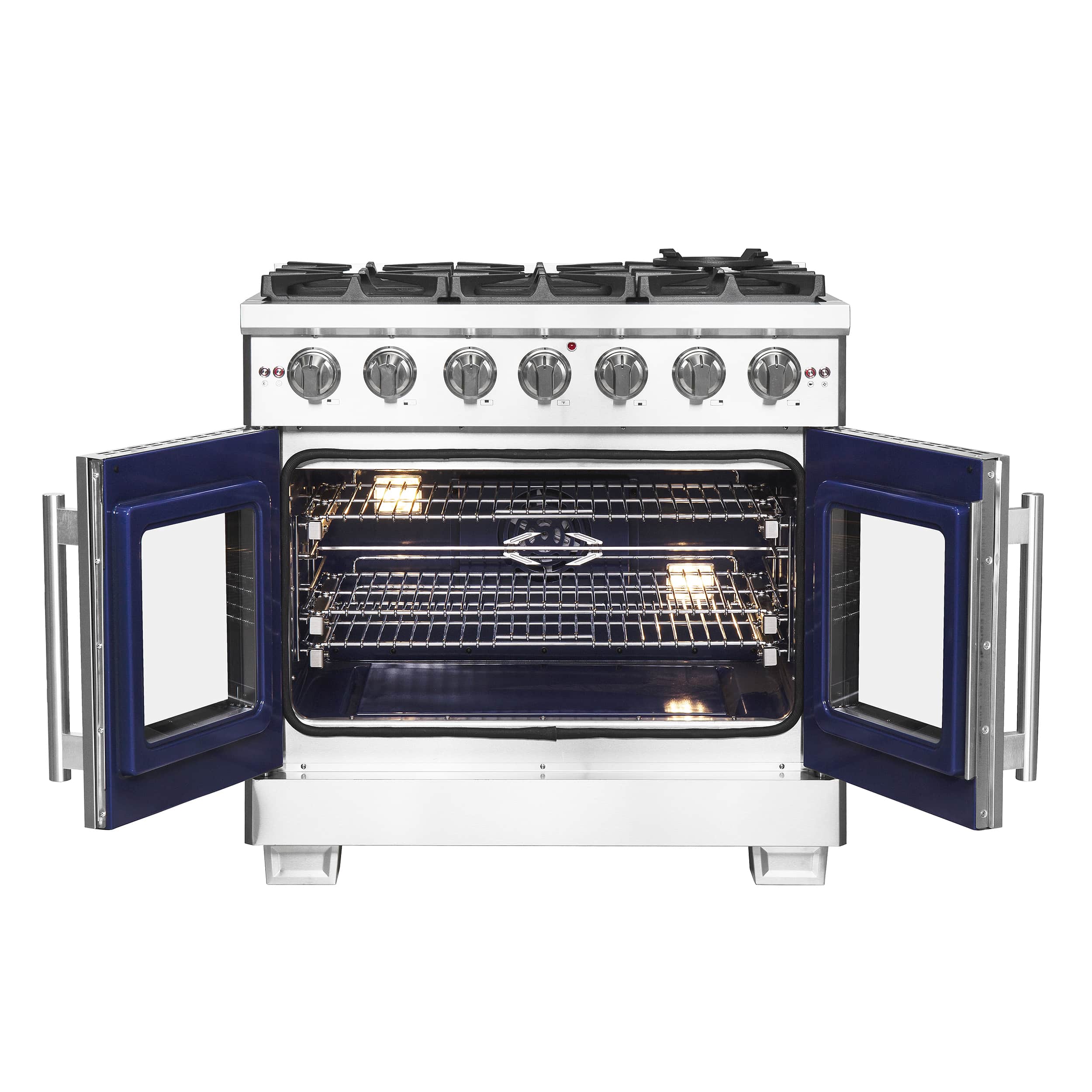 Stainless steel gas range with open French-door oven showing lit heating elements