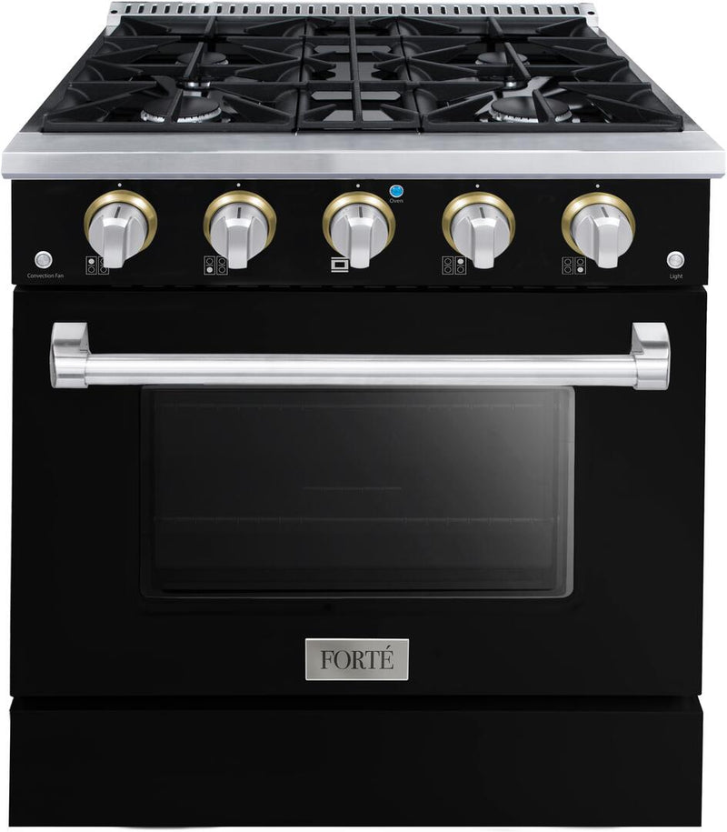 Forte 30-Inch Freestanding All Gas Range, 4 Sealed Italian Made Burners, 3.53 cu. ft. Oven, Easy Glide Oven Racks, in Stainless Steel with Black Finish and Stainless Steel Knobs (FGR304BBB)