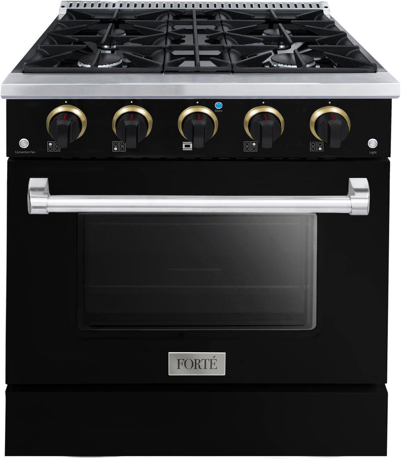 Forte 30-Inch Freestanding All Gas Range, 4 Sealed Italian Made Burners, 3.53 cu. ft. Oven, Easy Glide Oven Racks, in Stainless Steel with Black Finish and Black Knobs (FGR304BBB21)