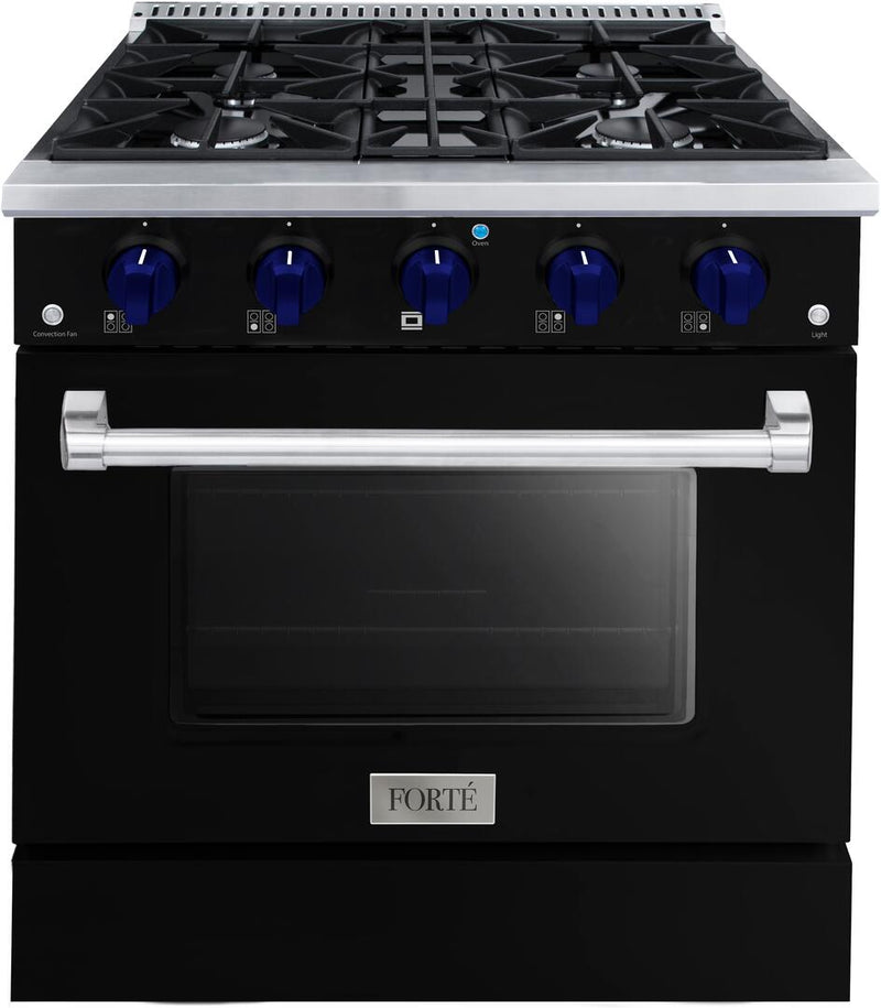 Forte 30-Inch Freestanding All Gas Range, 4 Sealed Italian Made Burners, 3.53 cu. ft. Oven, Easy Glide Oven Racks, in Stainless Steel with Black Finish and Blue Knobs (FGR304BBB31)