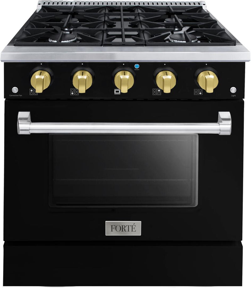 Forte 30-Inch Freestanding All Gas Range, 4 Sealed Italian Made Burners, 3.53 cu. ft. Oven, Easy Glide Oven Racks, in Stainless Steel with Black Finish and Brass Knobs (FGR304BBB41)