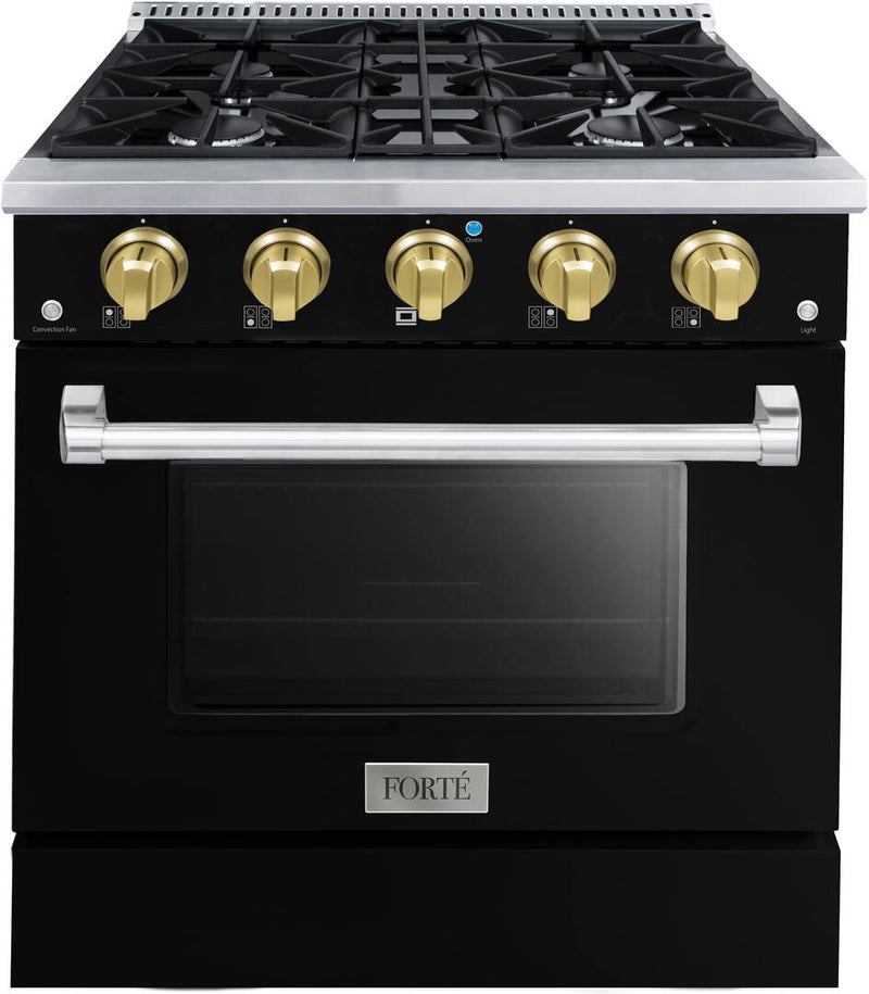 Forte 30-Inch Freestanding All Gas Range, 4 Sealed Italian Made Burners, 3.53 cu. ft. Oven, Easy Glide Oven Racks, in Stainless Steel with Black Finish and Brass Knobs (FGR304BBB41)