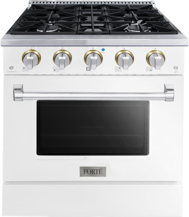 Forte 30-Inch Freestanding All Gas Range, 4 Sealed Italian Made Burners, 3.53 cu. ft. Oven, Easy Glide Oven Racks, in Stainless Steel with White Finish and Stainless Steel Knobs (FGR304BWW)