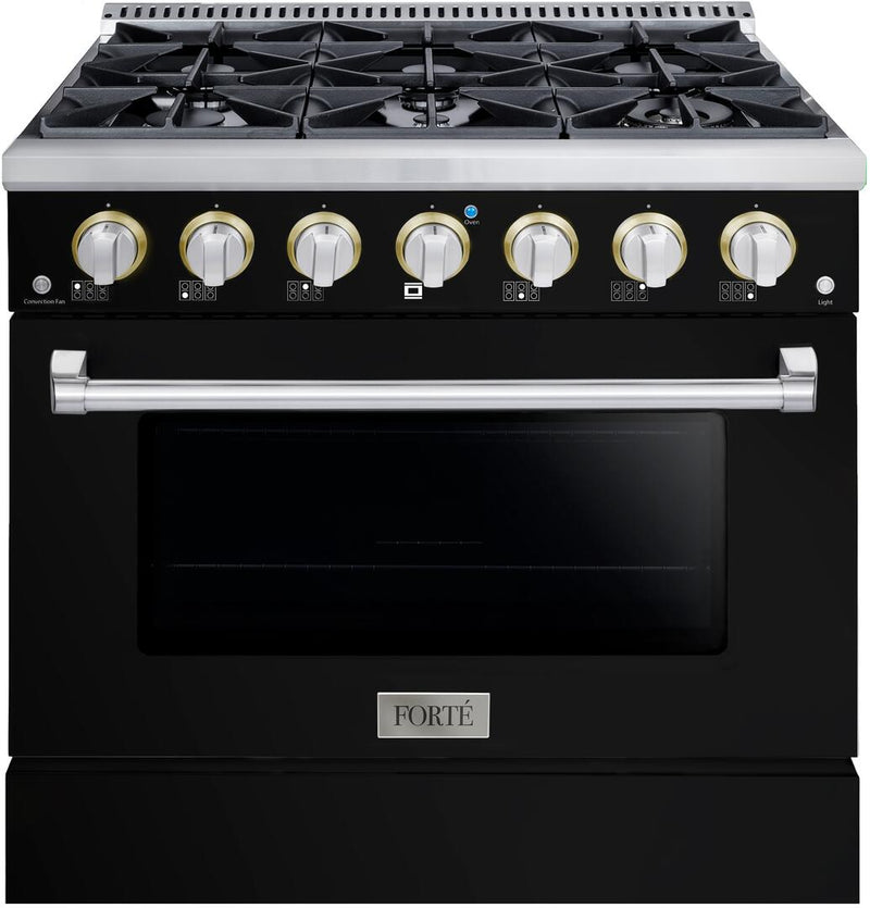 Forte 36-Inch Freestanding All Gas Range, 6 Sealed Italian Made Burners, 4.5 cu. ft. Oven, Easy Glide Oven Racks, in Stainless Steel with Black Finish and Stainless Steel Knobs (FGR366BBB)