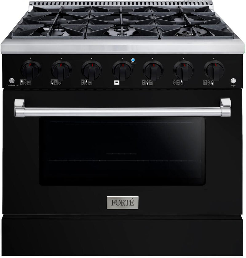 Forte 36-Inch Freestanding All Gas Range, 6 Sealed Italian Made Burners, 4.5 cu. ft. Oven, Easy Glide Oven Racks, in Stainless Steel with Black Finish and Black Knobs (FGR366BBB21)