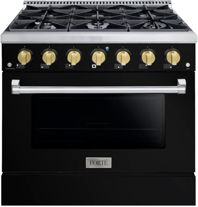 Forte 36-Inch Freestanding All Gas Range, 6 Sealed Italian Made Burners, 4.5 cu. ft. Oven, Easy Glide Oven Racks, in Stainless Steel with Black Finish and Brass Knobs (FGR366BBB41)