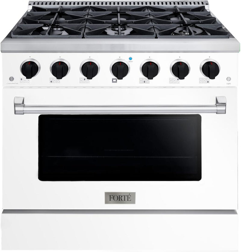 Forte 36-Inch Freestanding All Gas Range, 6 Sealed Italian Made Burners, 4.5 cu. ft. Oven, Easy Glide Oven Racks, in Stainless Steel with White Finish and Black Knobs (FGR366BWW21)