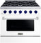 Forte 36-Inch Freestanding All Gas Range, 6 Sealed Italian Made Burners, 4.5 cu. ft. Oven, Easy Glide Oven Racks, in Stainless Steel with White Finish and Blue Knobs (FGR366BWW31)