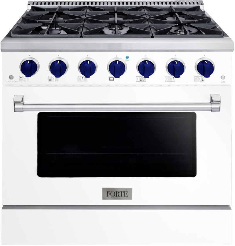 Forte 36-Inch Freestanding All Gas Range, 6 Sealed Italian Made Burners, 4.5 cu. ft. Oven, Easy Glide Oven Racks, in Stainless Steel with White Finish and Blue Knobs (FGR366BWW31)