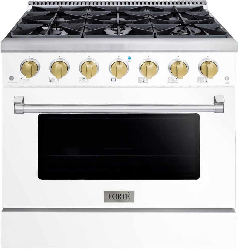 Forte 36-Inch Freestanding All Gas Range, 6 Sealed Italian Made Burners, 4.5 cu. ft. Oven, Easy Glide Oven Racks, in Stainless Steel with White Finish and Brass Knobs (FGR366BWW41)