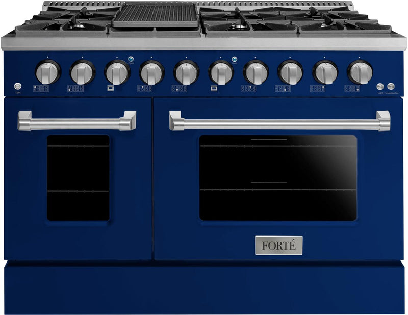 Forte 48-Inch Freestanding All Gas Range, 8 Sealed Burners, Oven & Griddle, in Stainless Steel with Blue Finish and Stainless Steel Knobs (FGR488BBL)