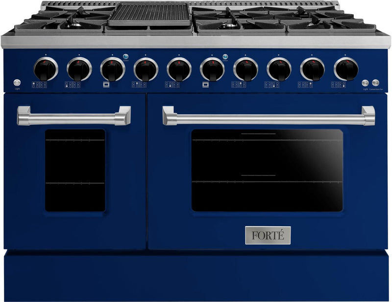 Forte 48-Inch Freestanding All Gas Range, 8 Sealed Burners, Oven & Griddle, in Stainless Steel with Blue Finish and Black Knobs (FGR488BBL21)