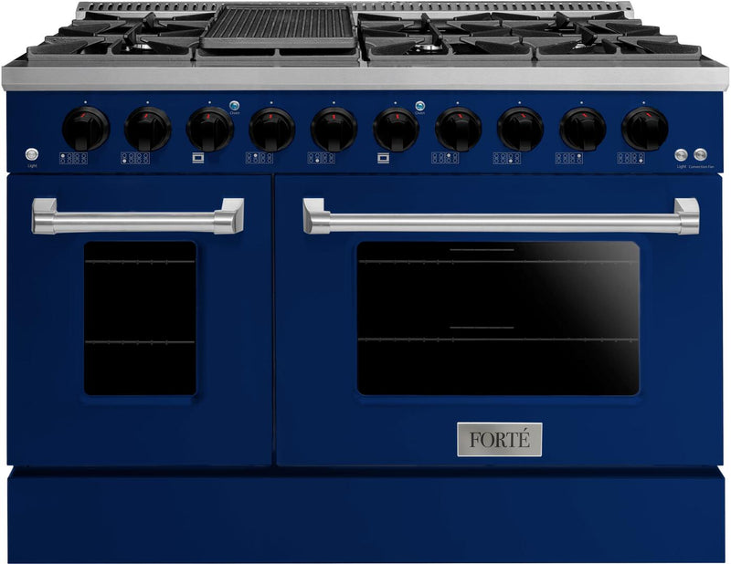 Forte 48-Inch Freestanding All Gas Range, 8 Sealed Burners, Oven & Griddle, in Stainless Steel with Blue Finish and Black Knobs (FGR488BBL21)