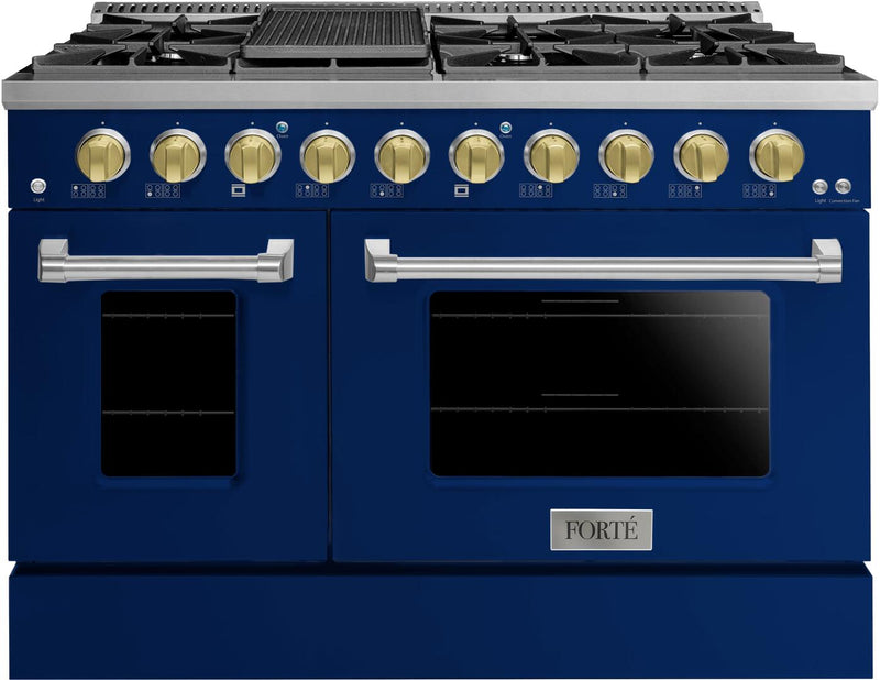 Forte 48-Inch Freestanding All Gas Range, 8 Sealed Burners, Oven & Griddle, in Stainless Steel with Blue Finish and Brass Knobs (FGR488BBL41)