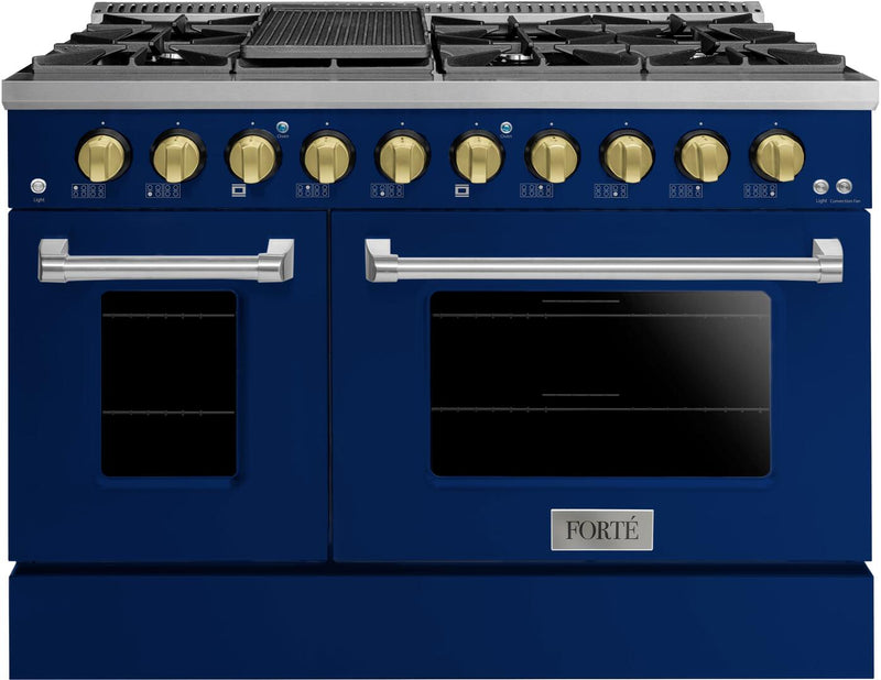 Forte 48-Inch Freestanding All Gas Range, 8 Sealed Burners, Oven & Griddle, in Stainless Steel with Blue Finish and Brass Knobs (FGR488BBL41)
