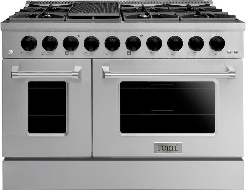 Forte 48-Inch Freestanding All Gas Range, 8 Sealed Burners, Oven & Griddle, in Stainless Steel with Black Knobs (FGR488BSS21)