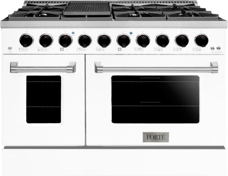 Forte 48-Inch Freestanding All Gas Range, 8 Sealed Burners, Oven & Griddle, in Stainless Steel with White Finish and Black Knobs (FGR488BWW21)