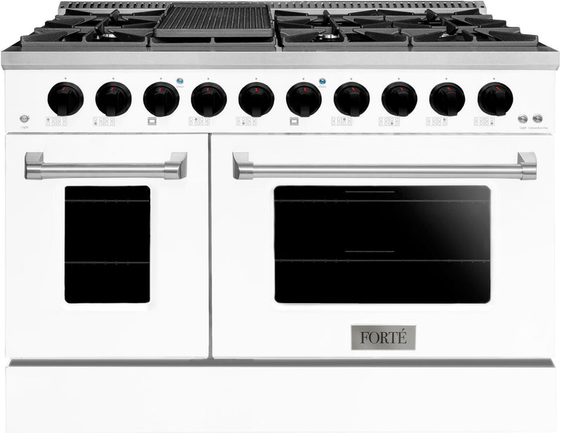 Forte 48-Inch Freestanding All Gas Range, 8 Sealed Burners, Oven & Griddle, in Stainless Steel with White Finish and Black Knobs (FGR488BWW21)