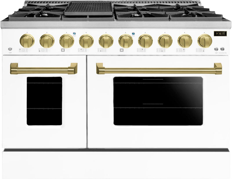 Forte 48-Inch Freestanding All Gas Range, 8 Sealed Burners, Oven & Griddle, in Stainless Steel with White Finish and Brass Trim (FGR488BWWBR)