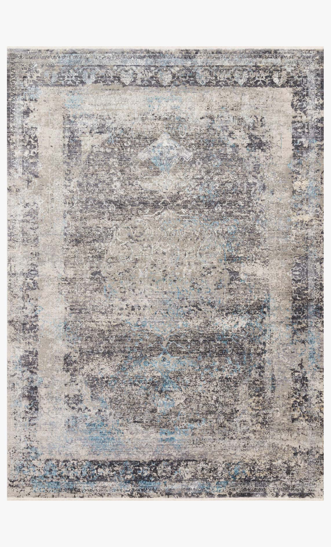 Transitional power-loomed rug with charcoal and sky distressed pattern, rectangular border