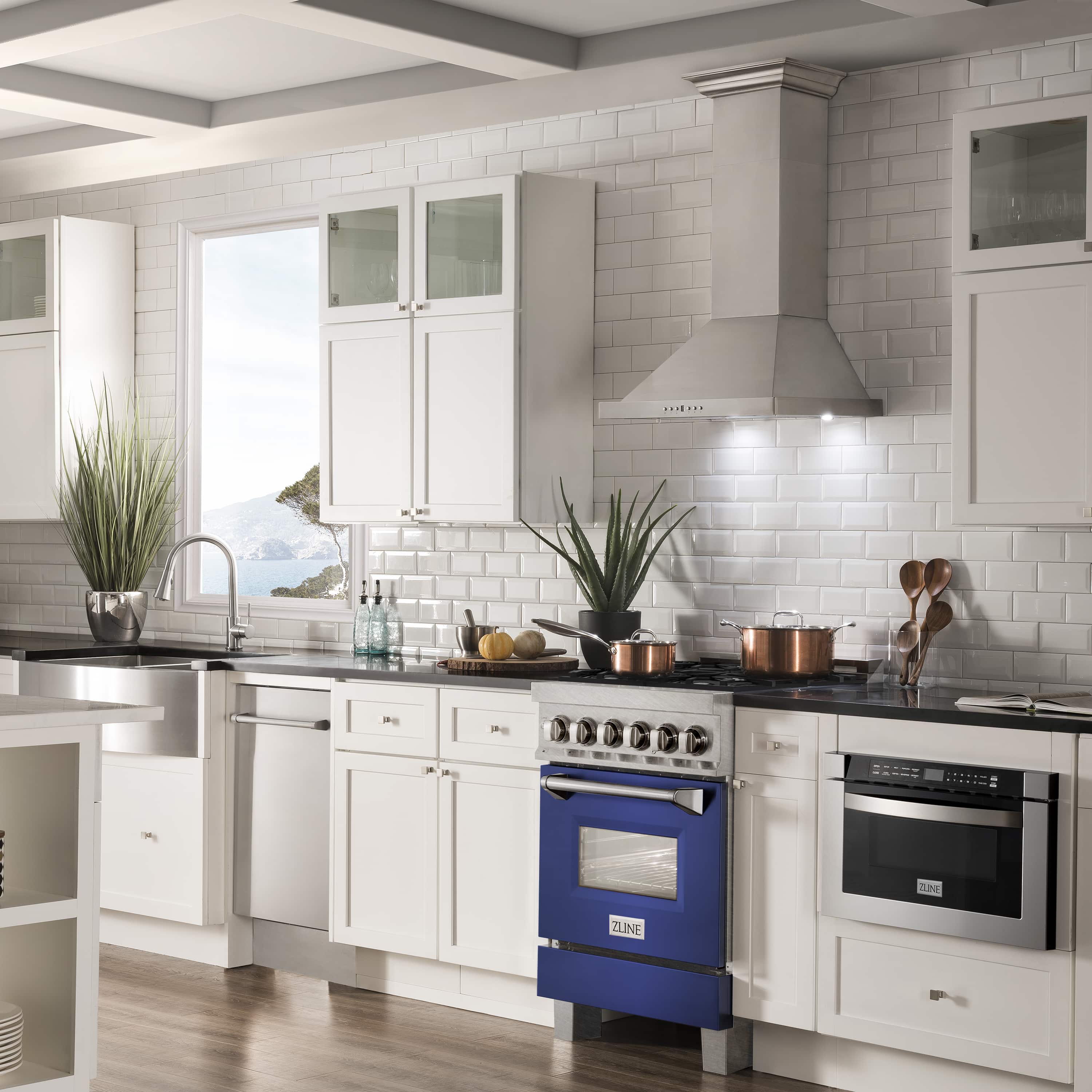 Dual fuel range with fingerprint-resistant satin stainless finish and blue matte oven door