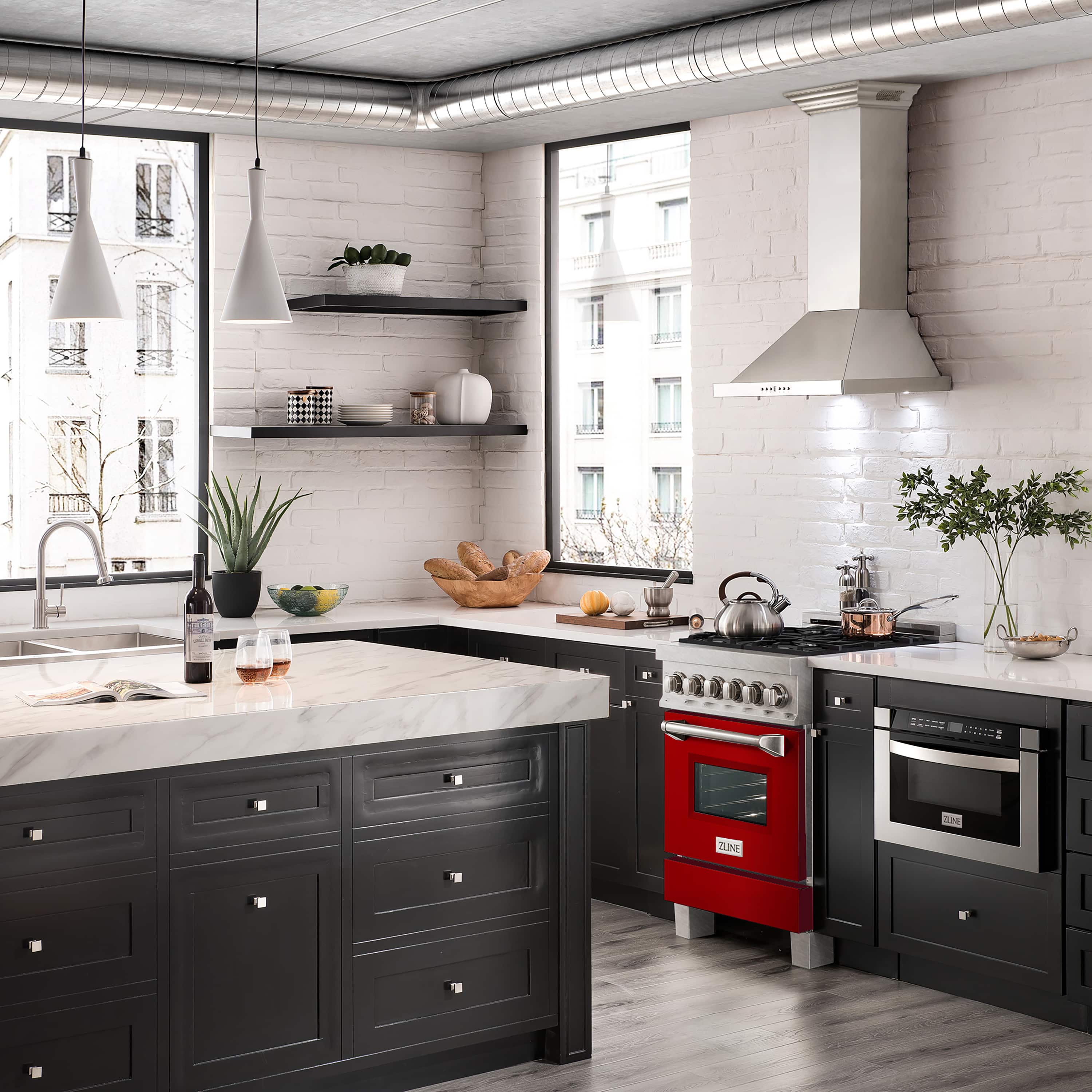24-inch dual fuel range with red door, stainless cooktop, and five burner grates.