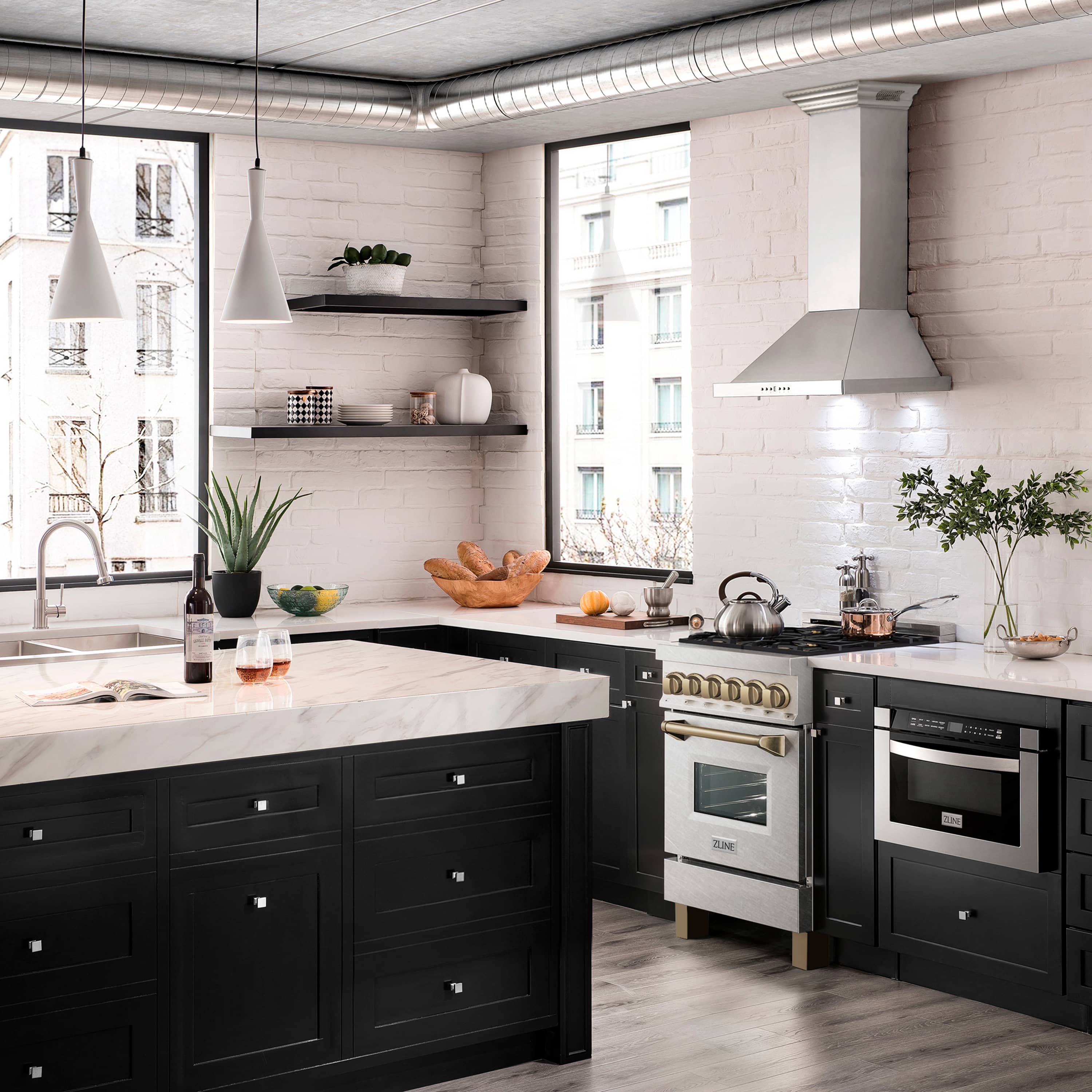 ZLINE dual fuel range in satin stainless steel with champagne bronze control knobs
