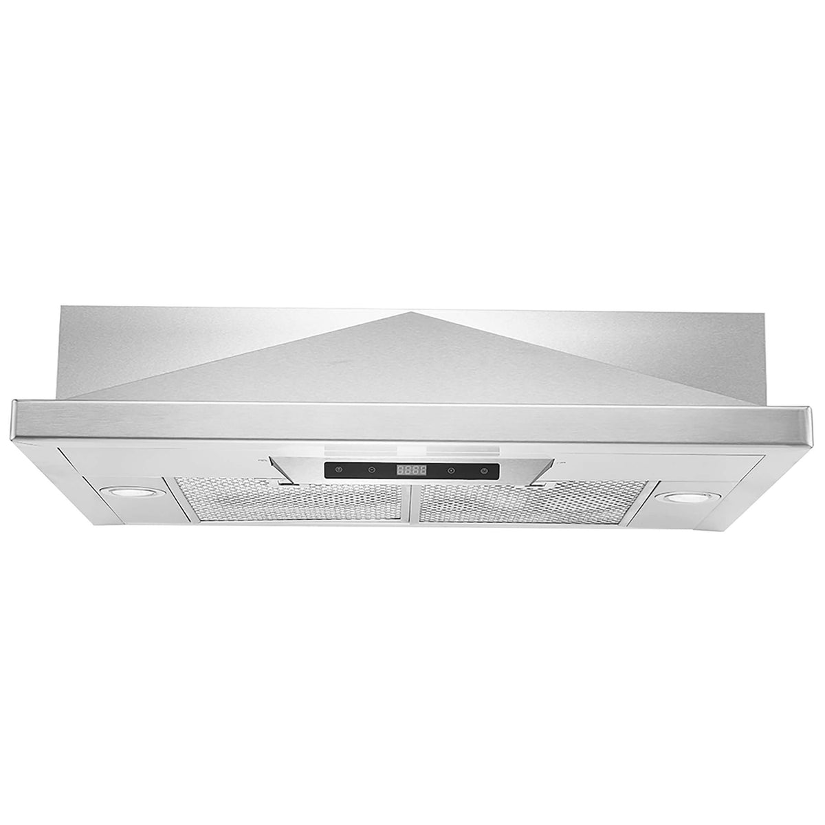 Stainless steel under-cabinet range hood with control panel and metal mesh filters