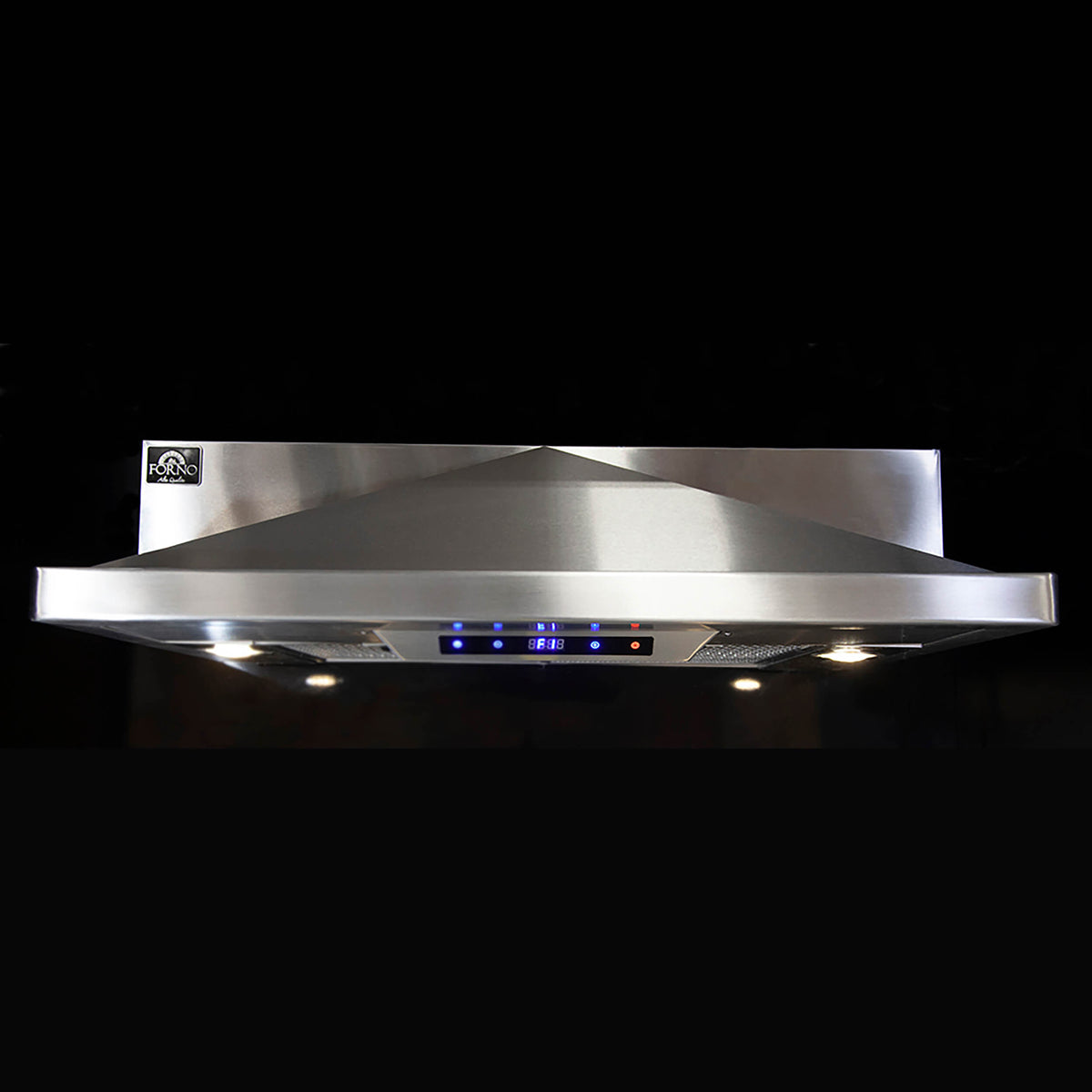 Stainless steel under-cabinet range hood with illuminated lights and blue LED control strip