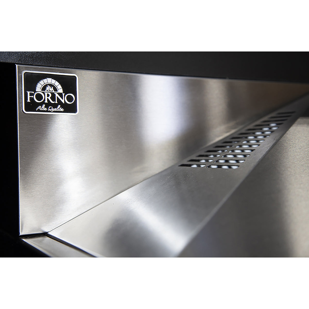 Stainless steel range hood chimney with Forno logo and slotted vent panel
