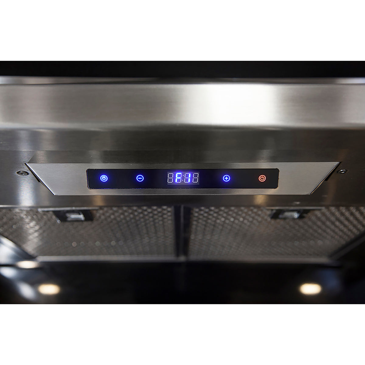 Stainless steel control panel with blue LEDs and digital display beneath range hood