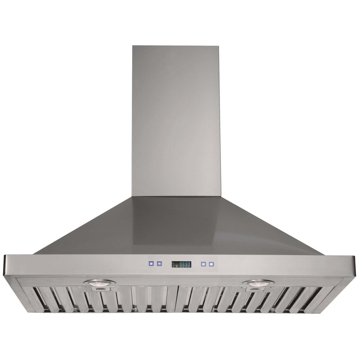 Stainless steel wall mount range hood with vent grille and control panel