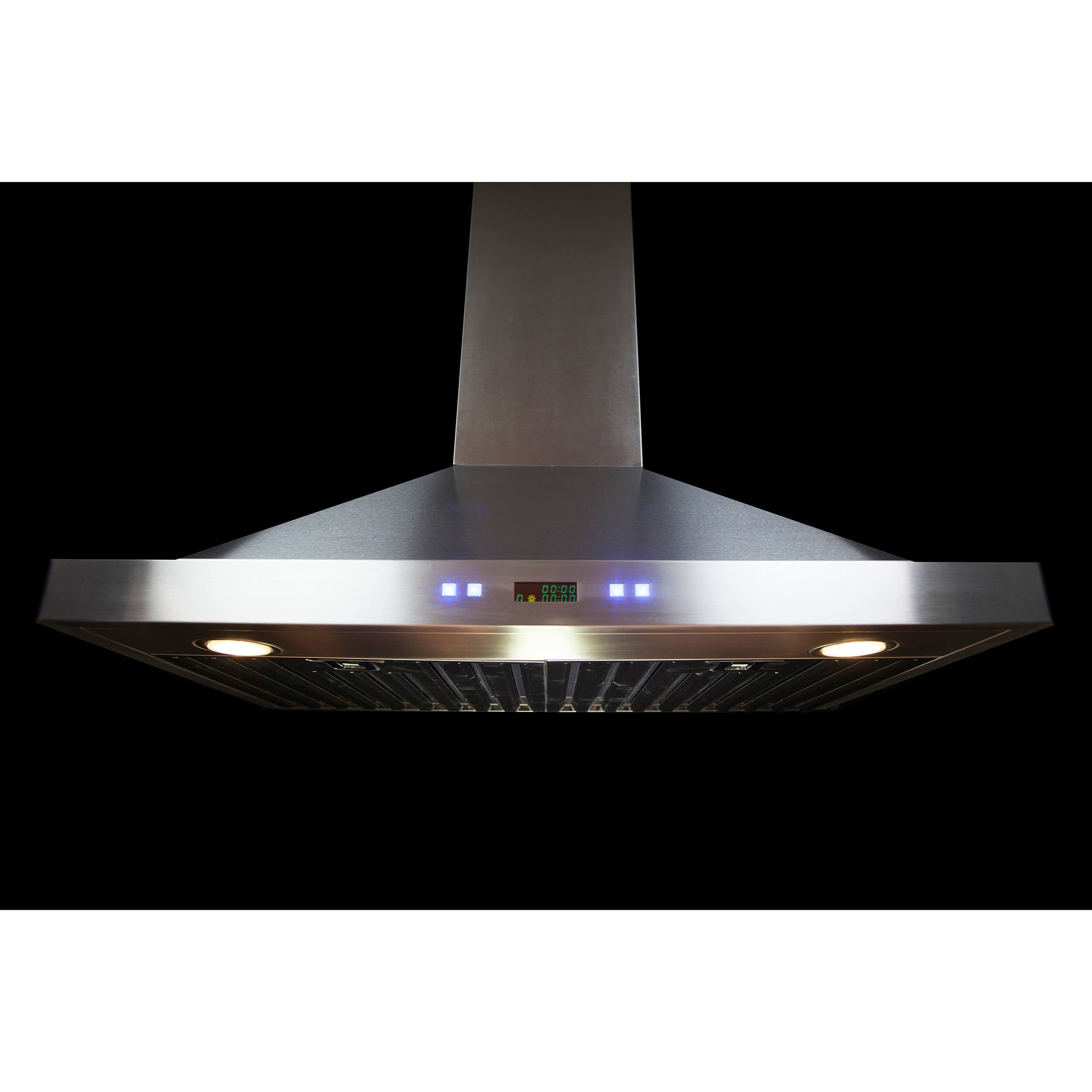 Stainless steel range hood under-view with central chimney and lit panel controls