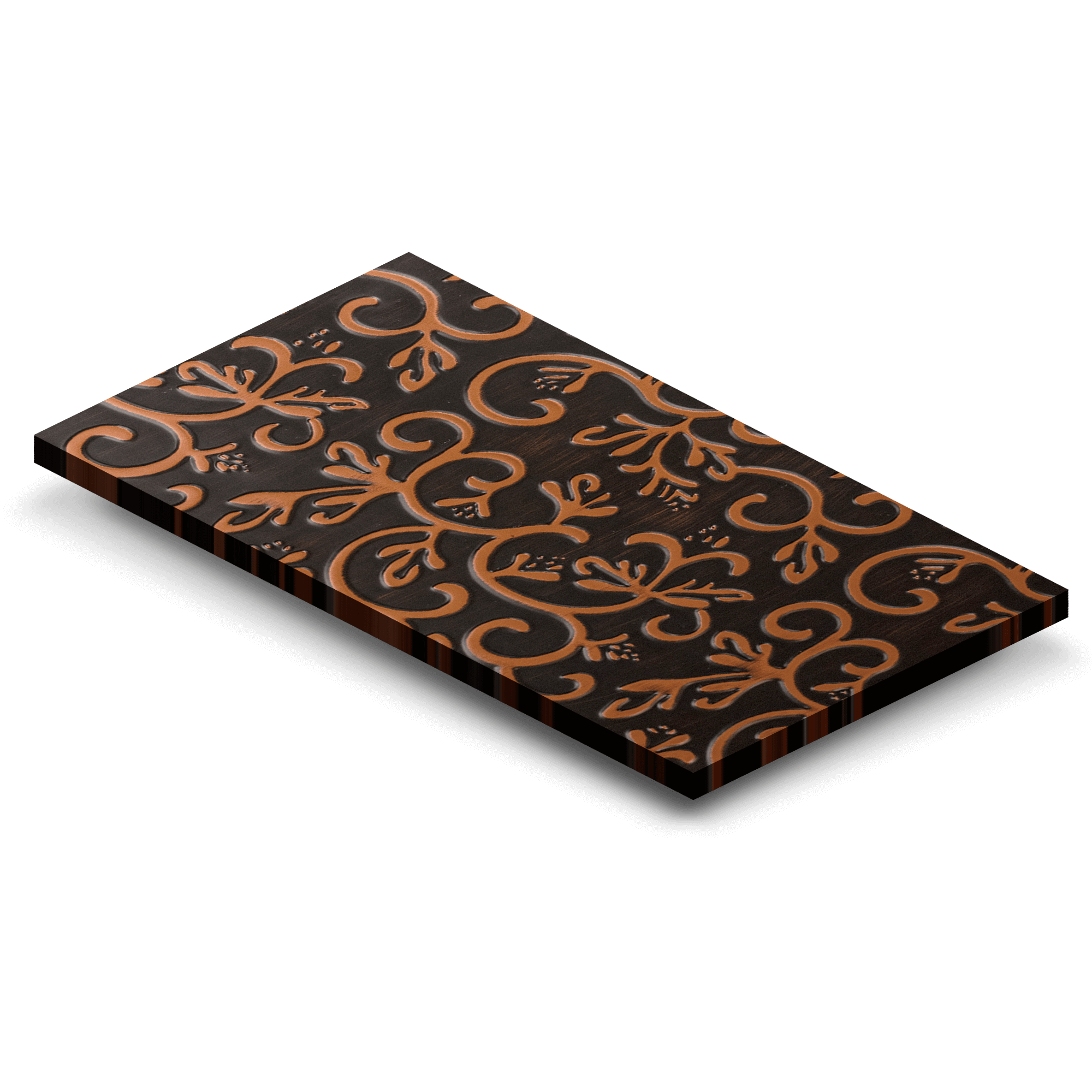 3x5 copper sample card with embossed floral scroll pattern