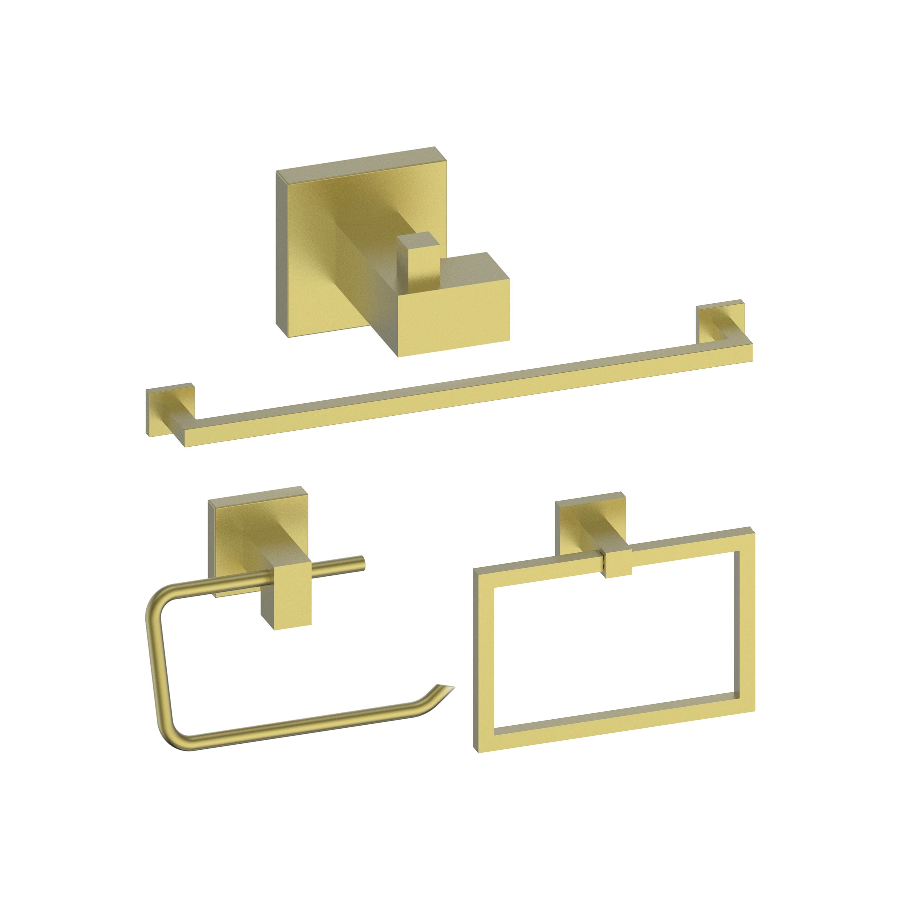 Bathroom accessory set in champagne bronze: towel rail, hook, towel ring, and toilet paper holder.