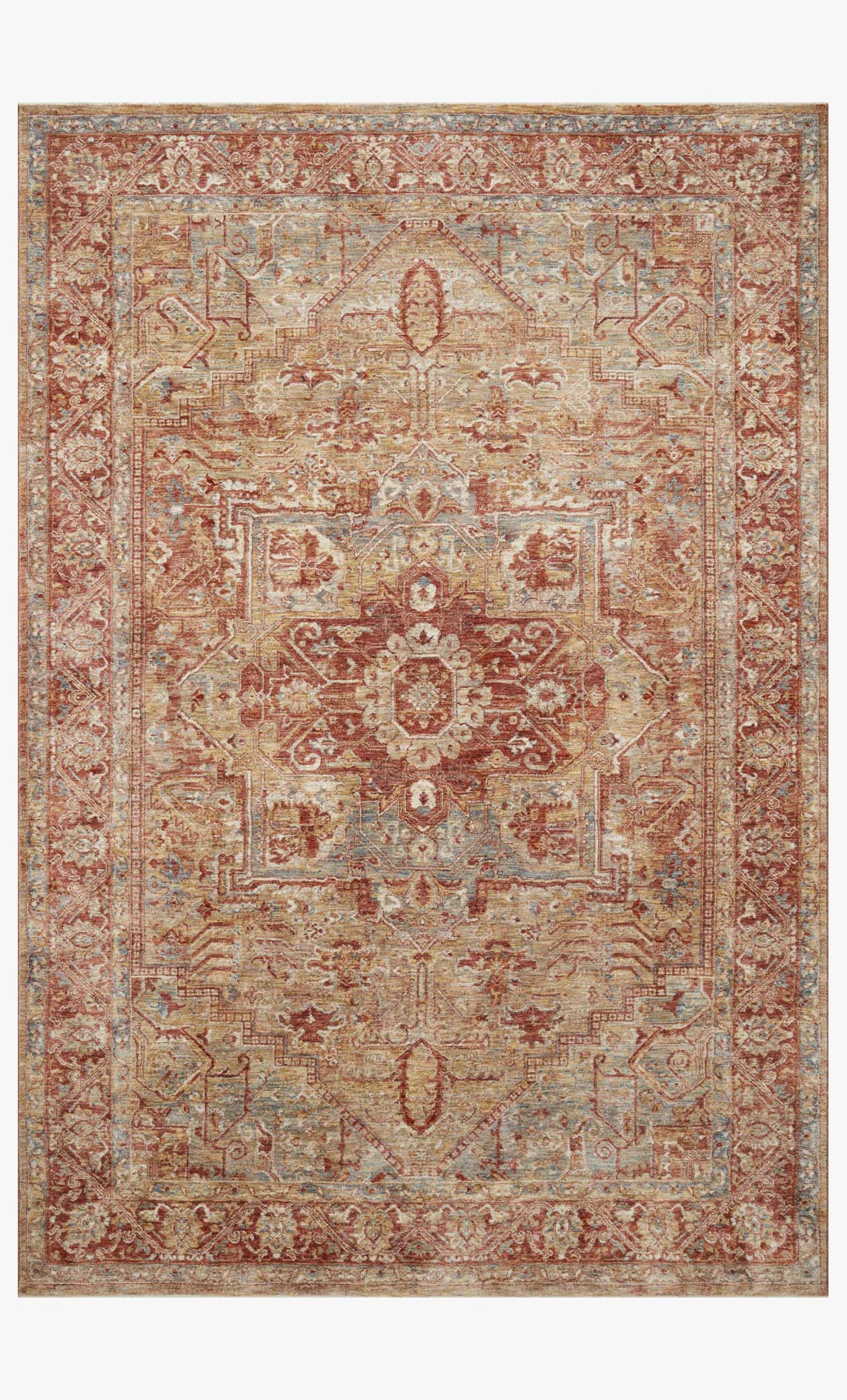 Transitional power-loomed rug with gold, brick and teal vintage medallion pattern