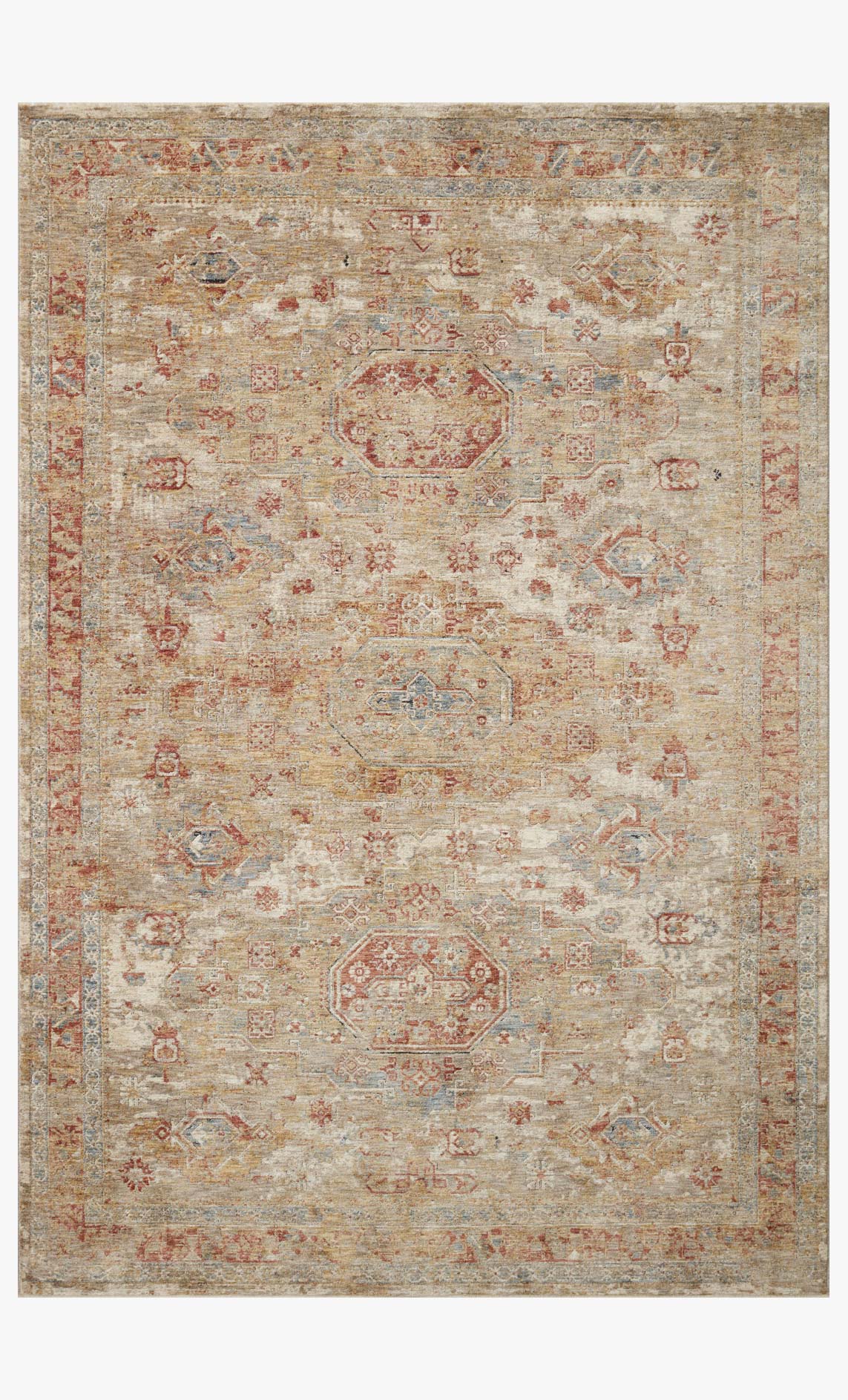 Transitional power-loomed rug with distressed mosaic pattern in gold, taupe, rust, blue.