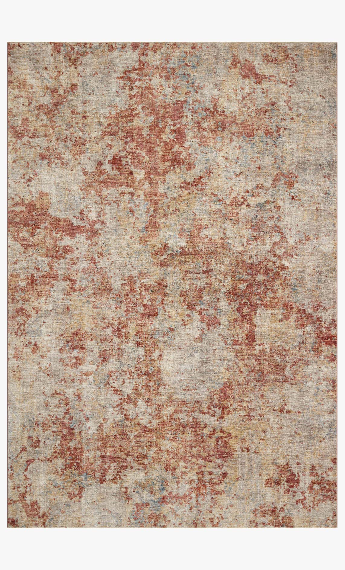 Transitional power-loomed area rug with abstract distressed pattern, taupe and brick tones.