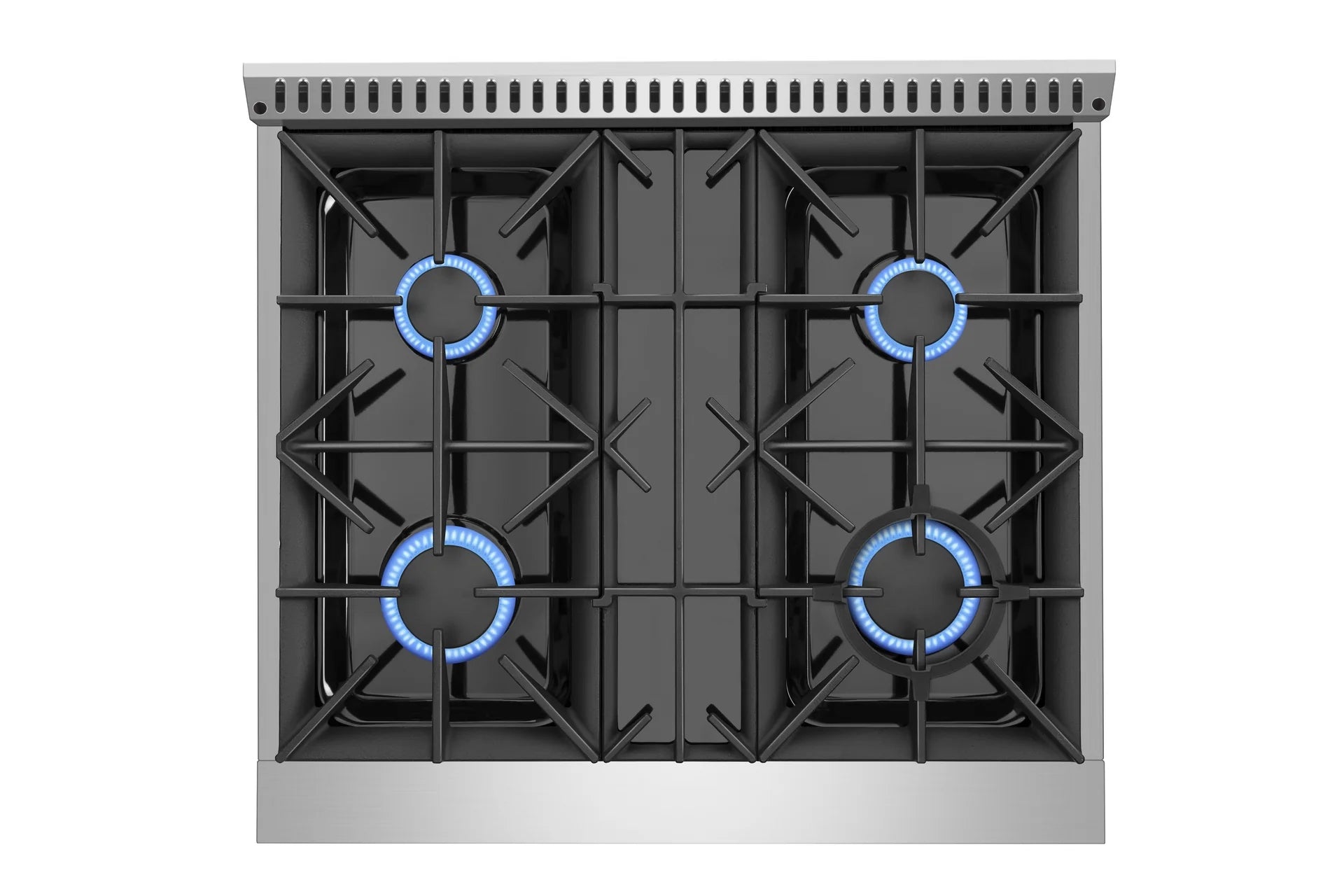 Stainless steel gas range cooktop with four burners and black grate supports